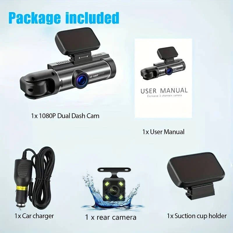 170° Wide View Dash Cam with 1080p Triple Lens, Wide 170° Coverage, G-Sensor, Night Vision & Loop Tech